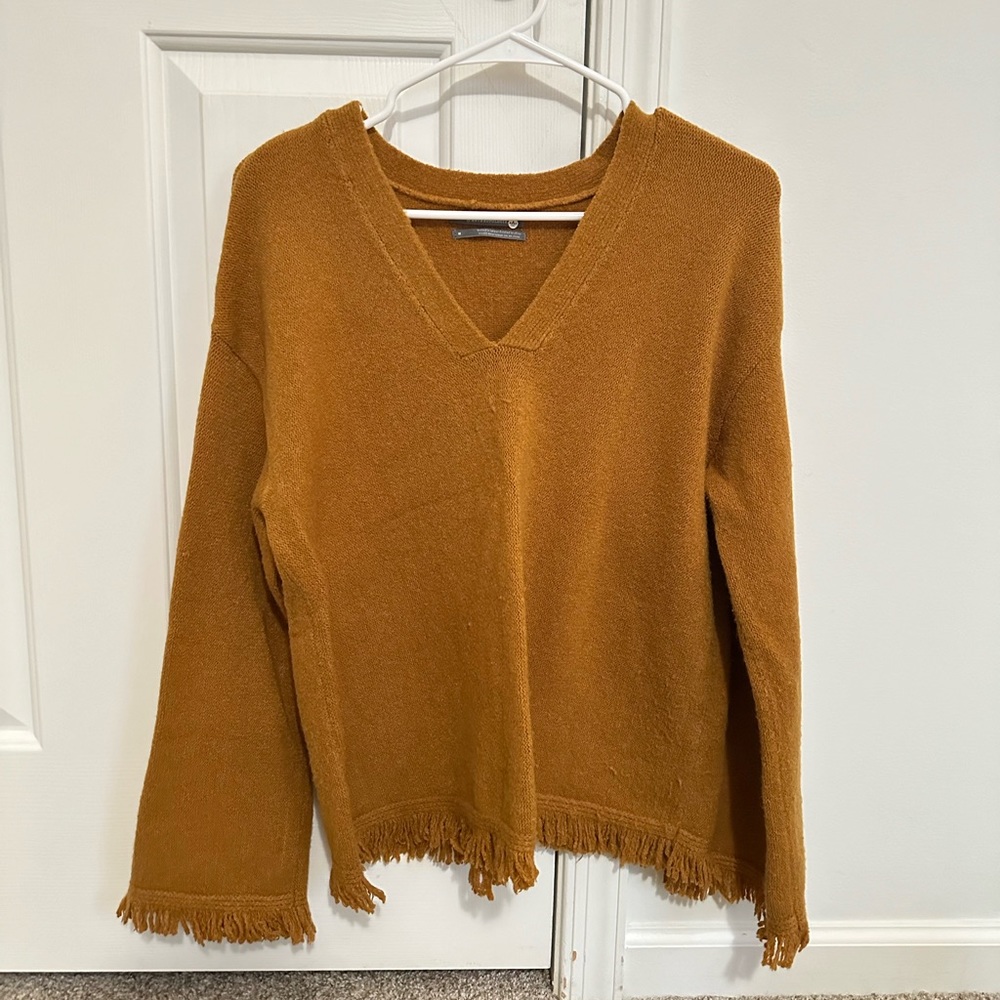 Anthropologie Mustard V-Neck Fringe Sweater